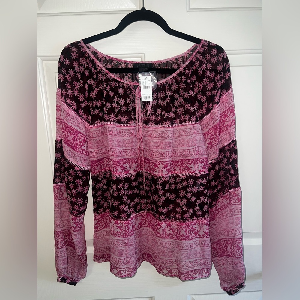 Limited‎ Pink Floral Bohemian Peasant Self Tie Blouse w/ V-Neck Sz Large